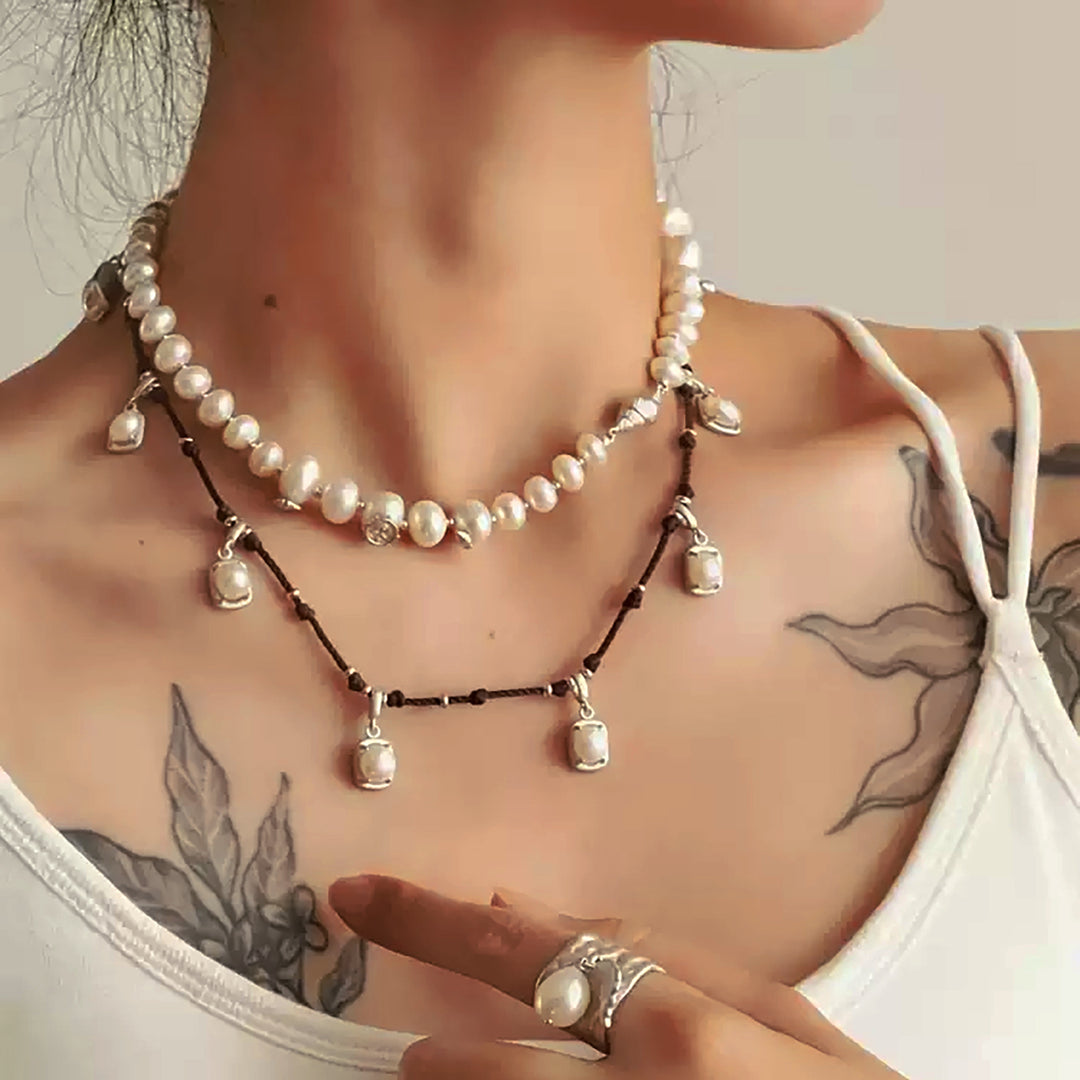 Boho Pearl & Silver Charm Necklace