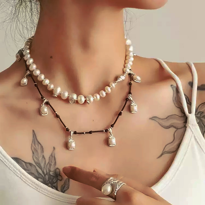 Boho Pearl & Silver Charm Necklace