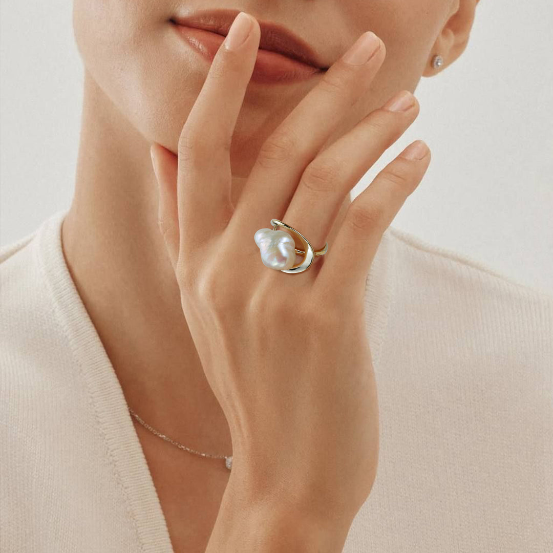 Golden Flow Pearl Statement Ring