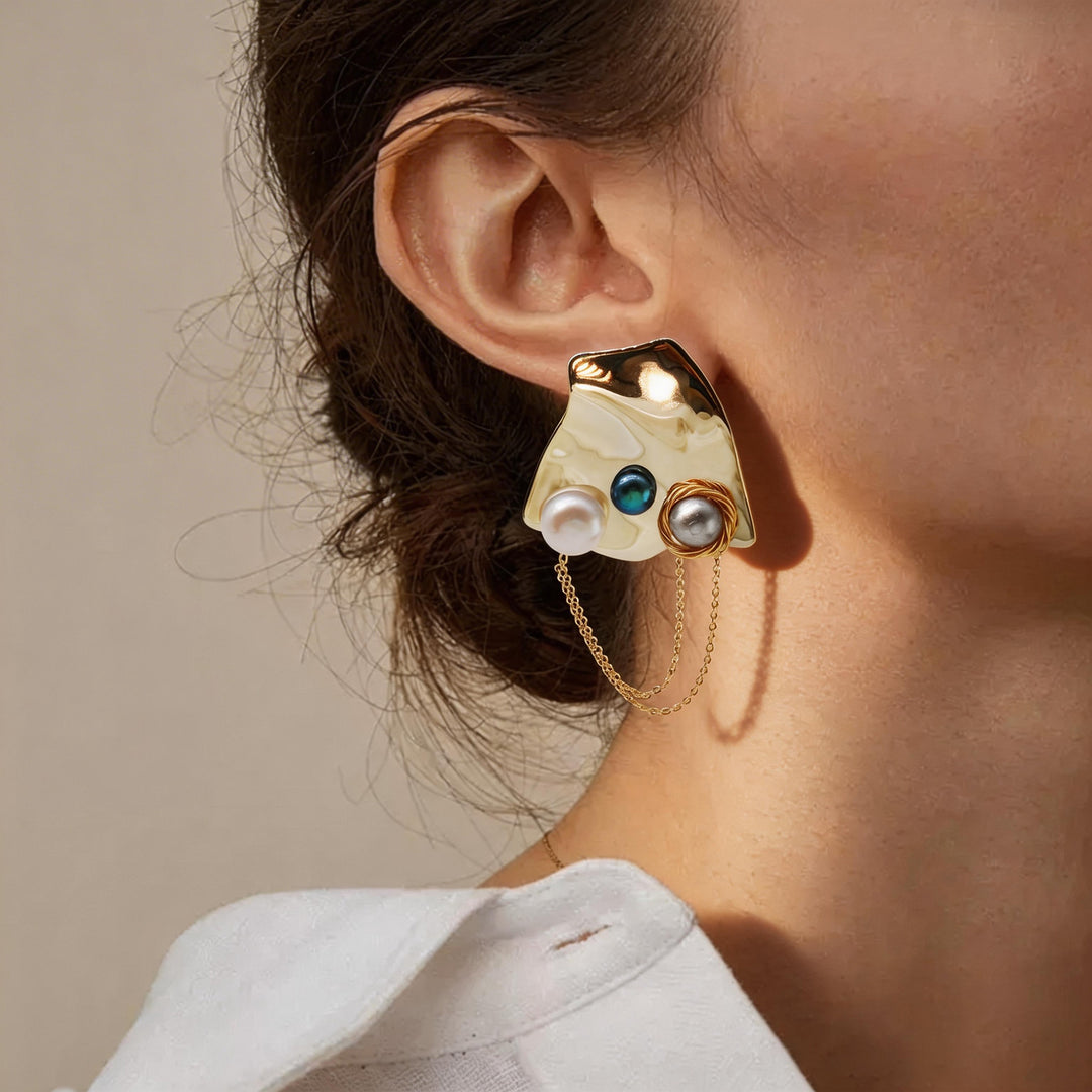 Abstract Plate Pearl Chain Earrings