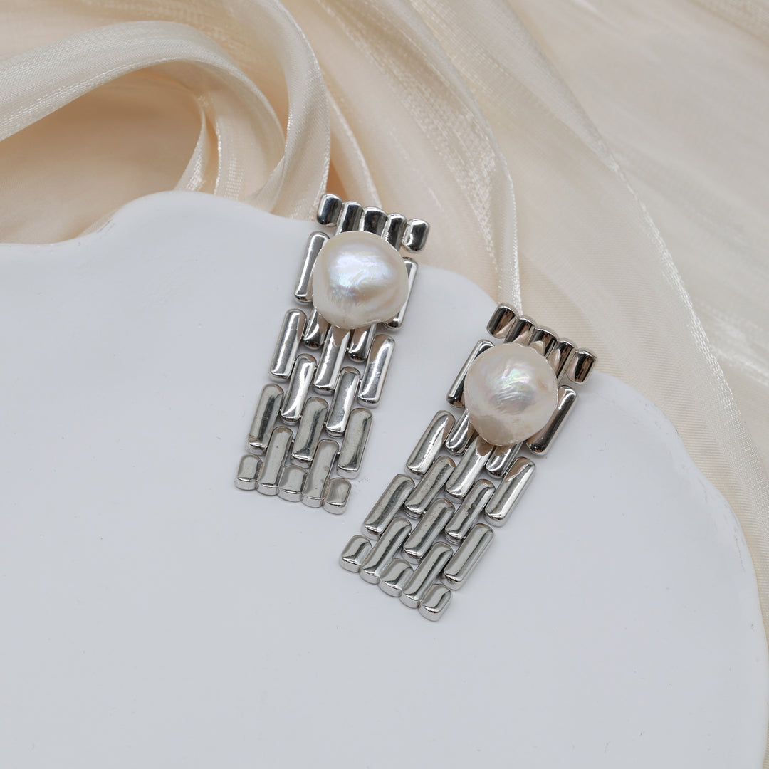 Industrial Link Pearl Drop Earrings