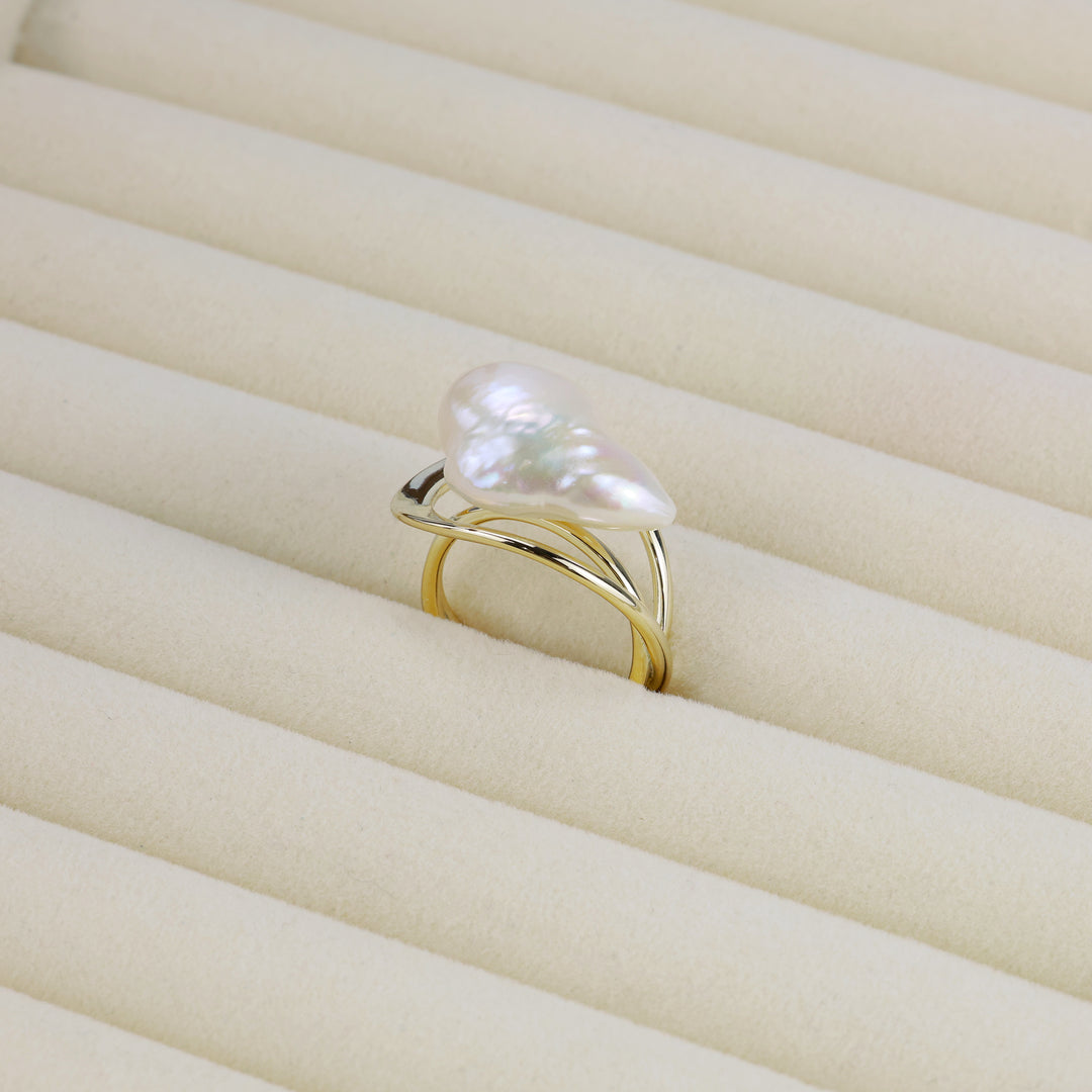 Golden Flow Pearl Statement Ring