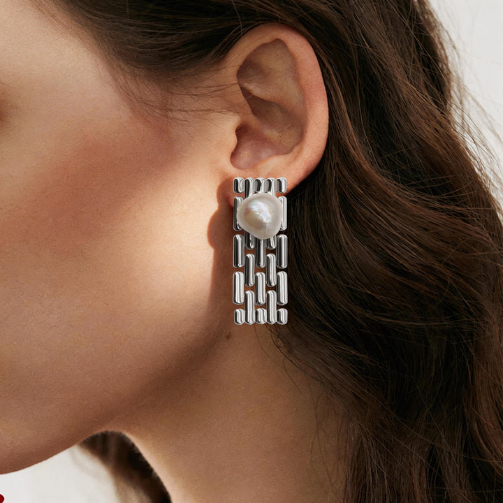 Industrial Link Pearl Drop Earrings