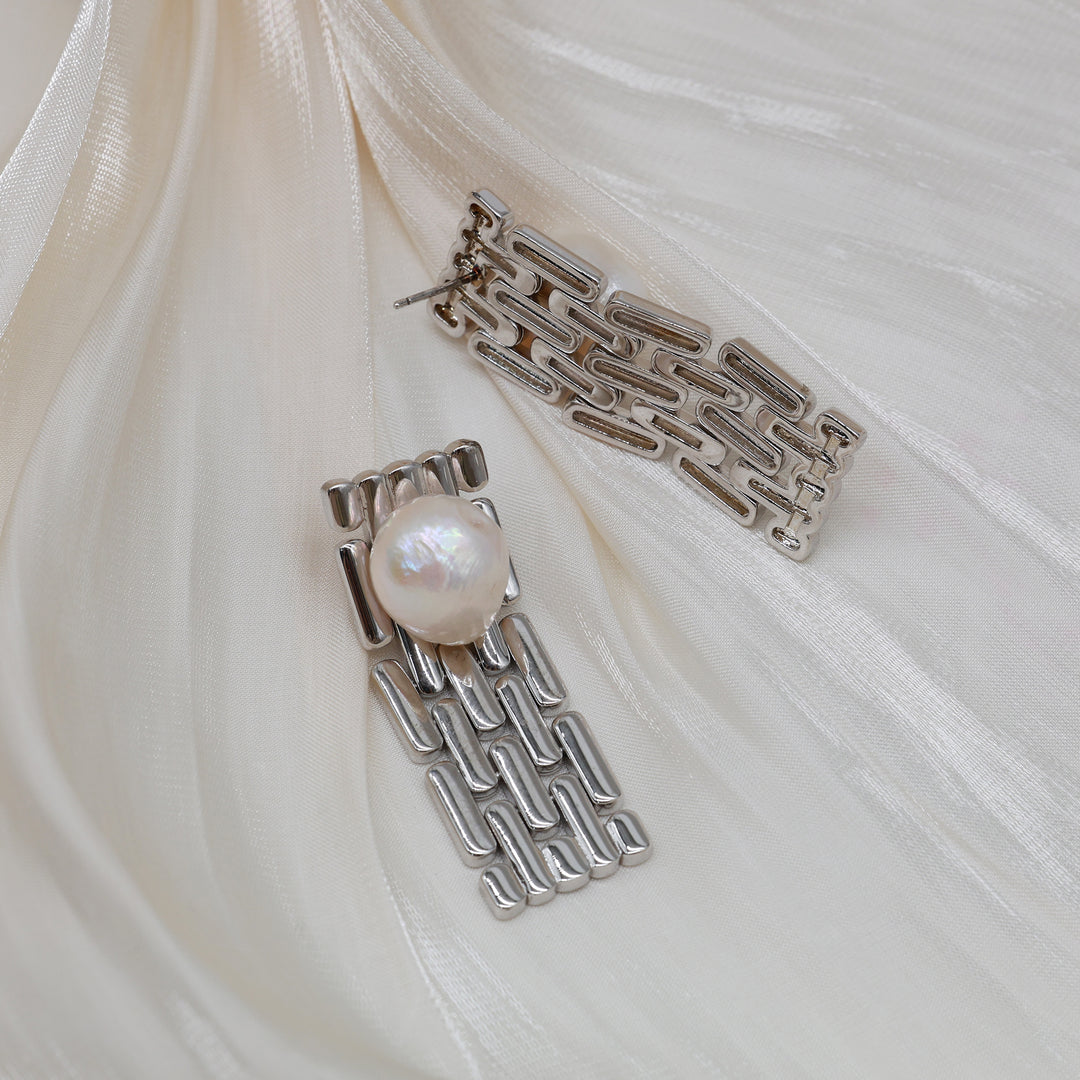 Industrial Link Pearl Drop Earrings