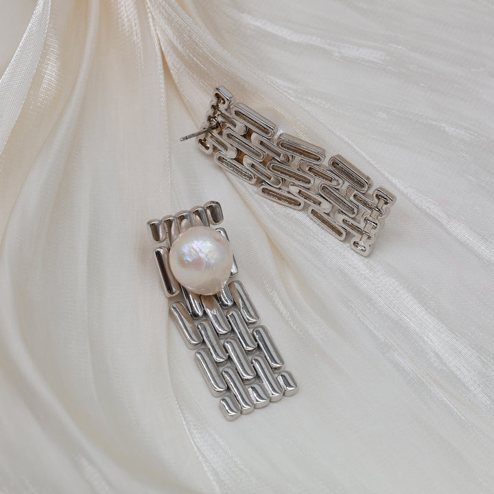 Industrial Link Pearl Drop Earrings