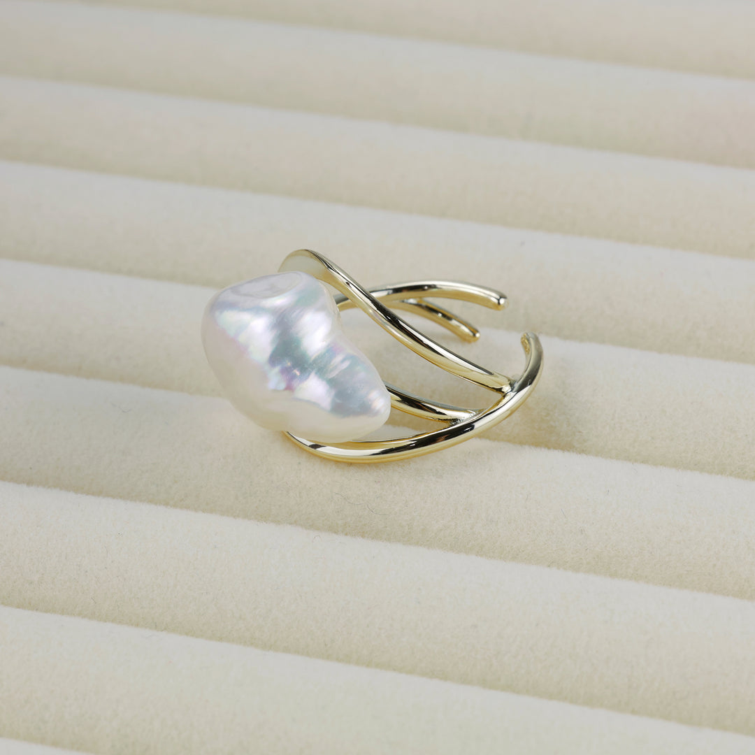 Golden Flow Pearl Statement Ring