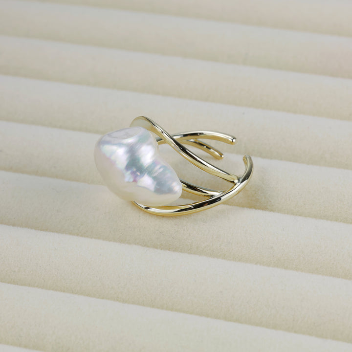 Golden Flow Pearl Statement Ring