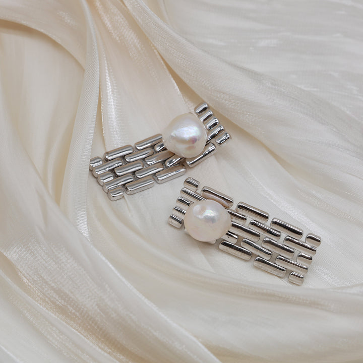 Industrial Link Pearl Drop Earrings