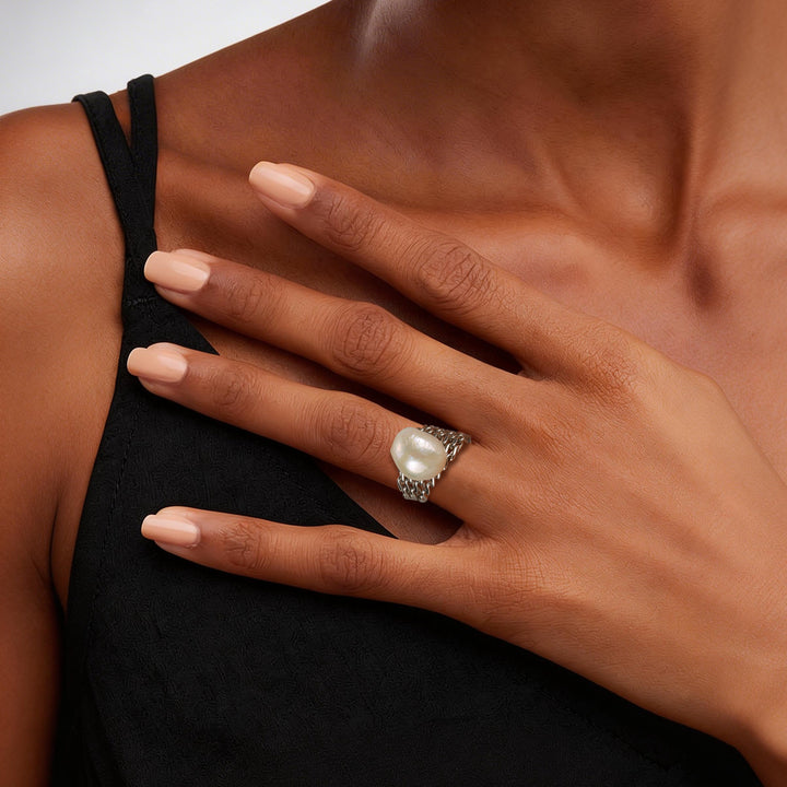 Woven Chain Pearl Statement Ring