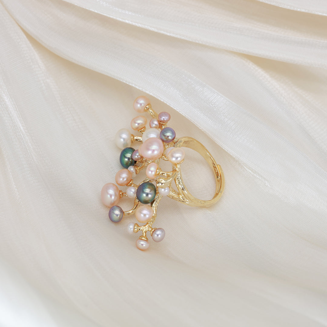Bague grappe corail et perle