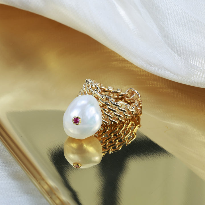 Chain Weave Pearl Statement Ring