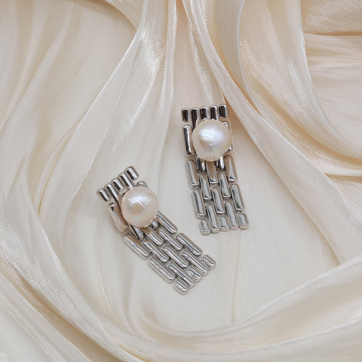 Industrial Link Pearl Drop Earrings