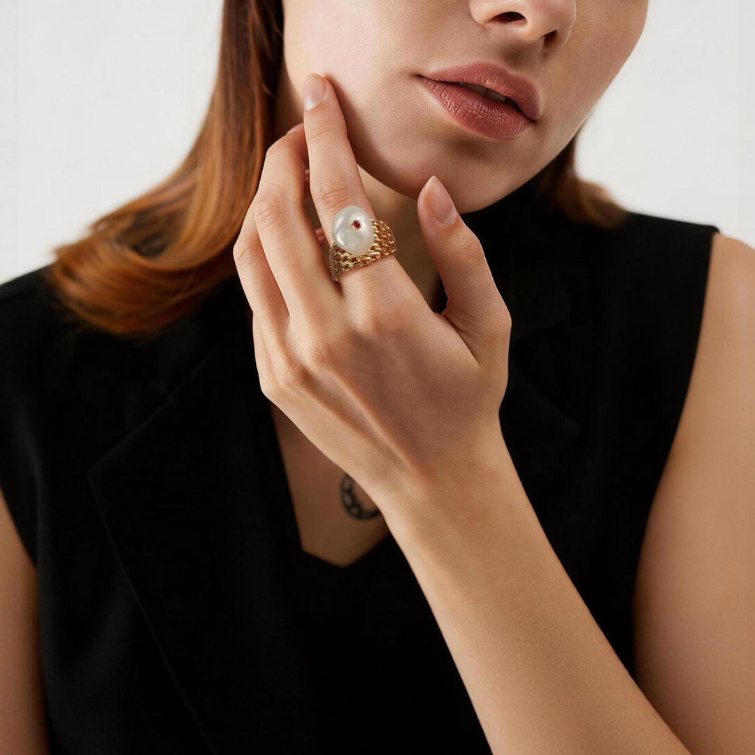 Chain Weave Pearl Statement Ring