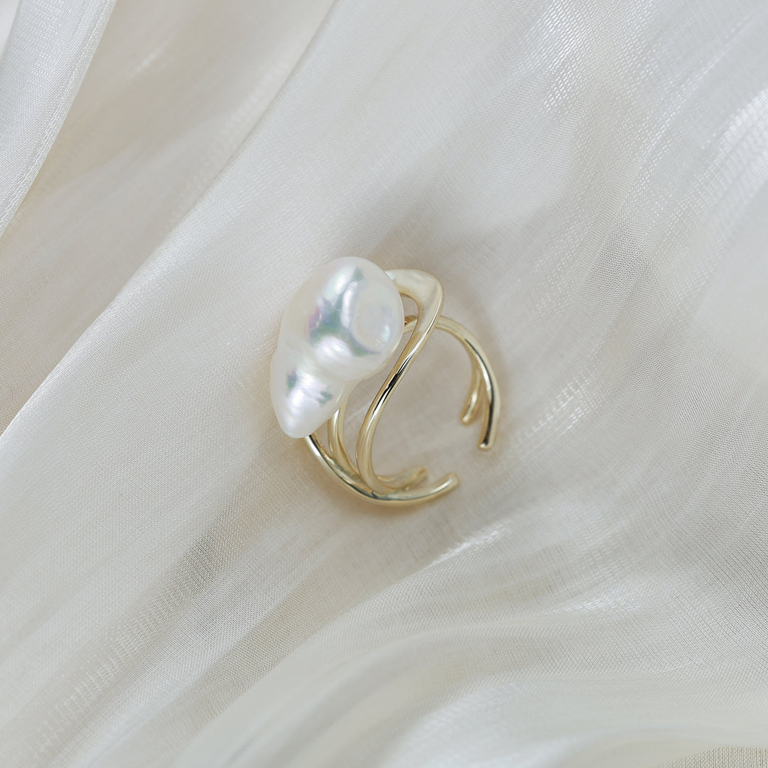 Golden Flow Pearl Statement Ring