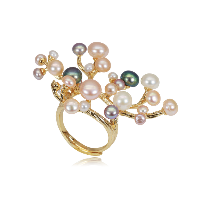 Bague grappe corail et perle