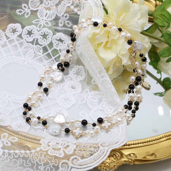 Noir Pearl Contrast Layered Necklace