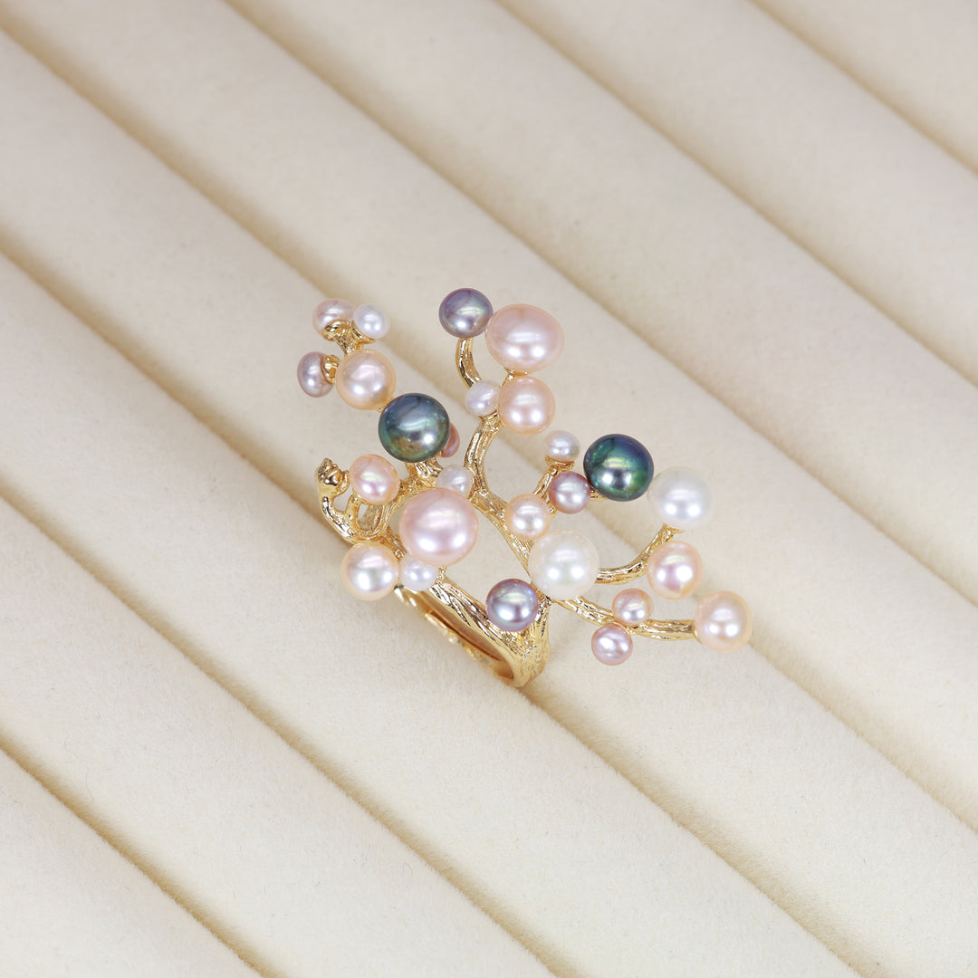 Bague grappe corail et perle