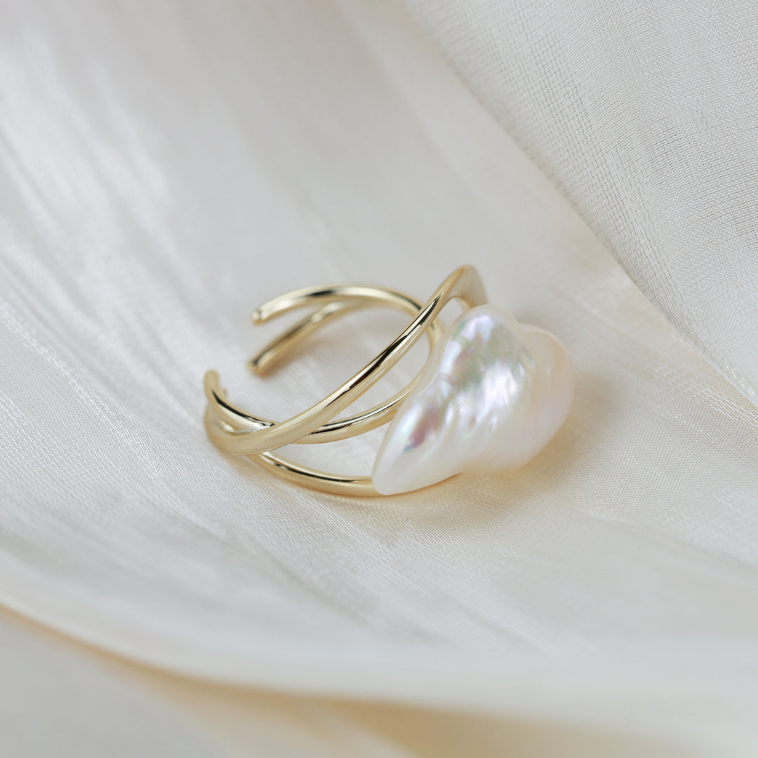 Golden Flow Pearl Statement Ring