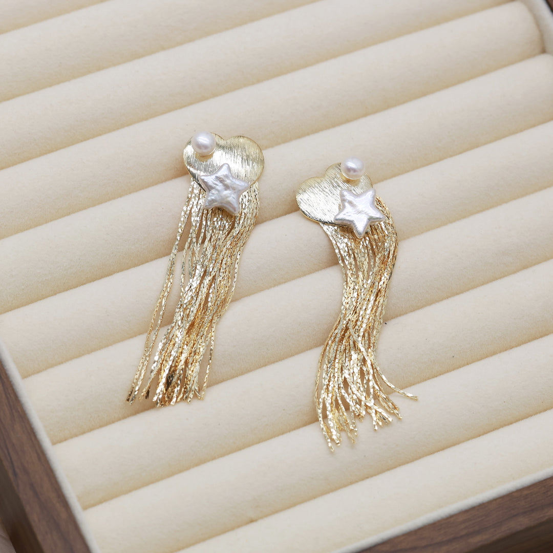 Heart Star Tassel Pearl Earrings