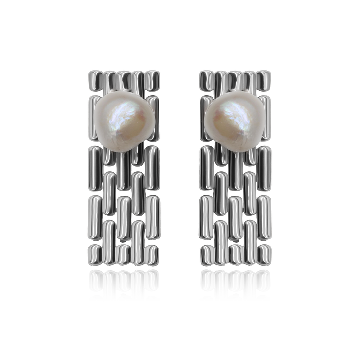 Industrial Link Pearl Drop Earrings