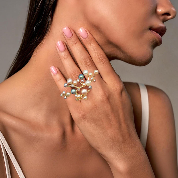 Bague grappe corail et perle