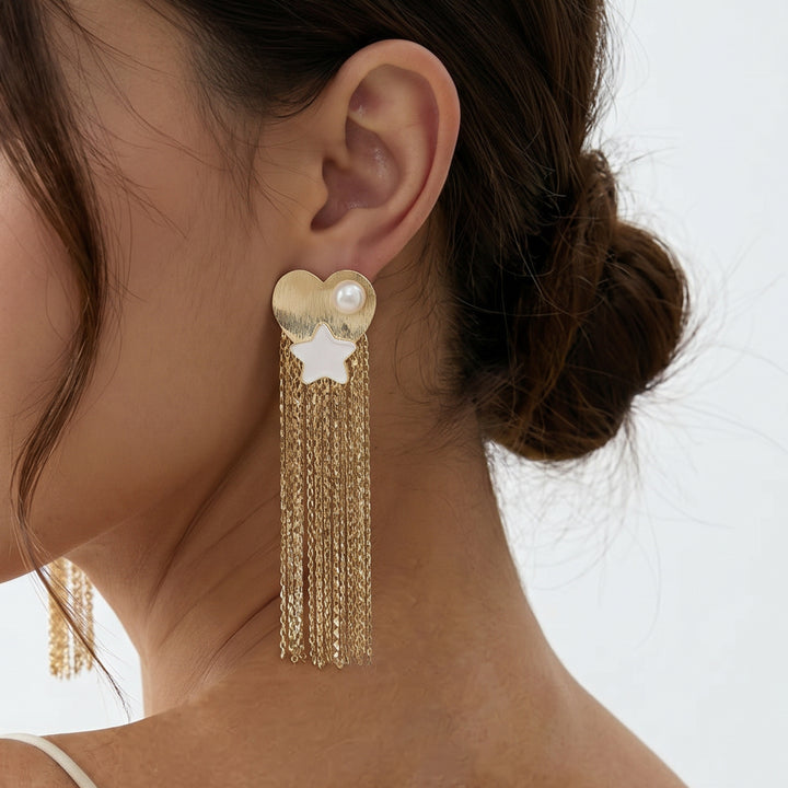Heart Star Tassel Pearl Earrings